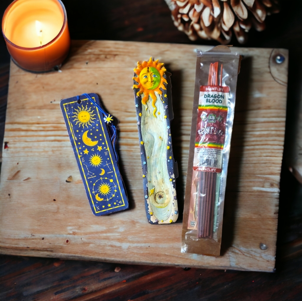 Vtg Book Marker Moon Sun Star Bead Bluntlife Dragon Blood Incense Holder Zodiac